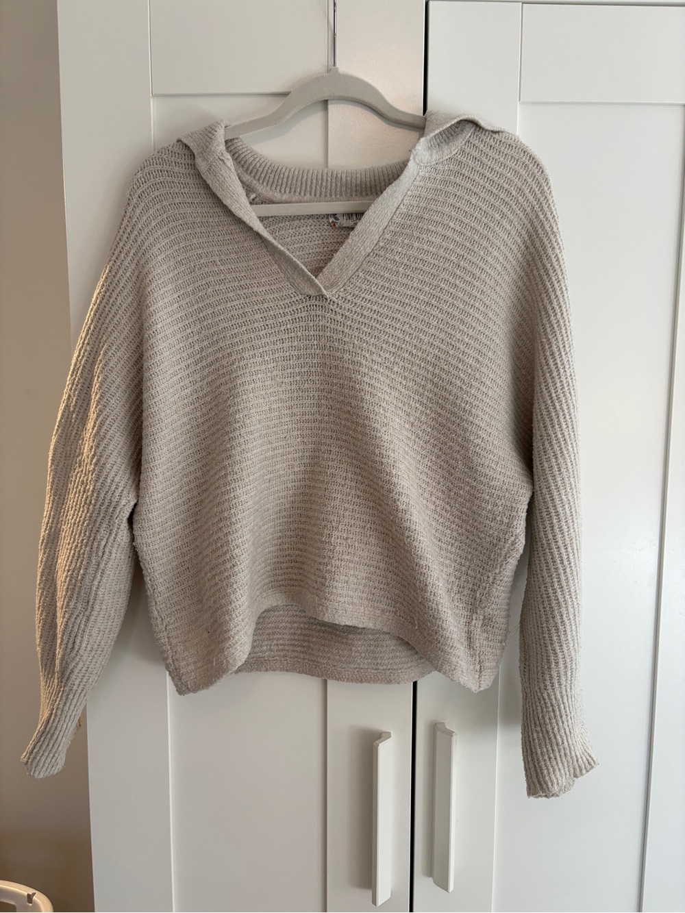 Pink Rose Light Beige V-Neck Hooded Knit Sweater